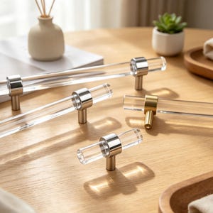 Clear Acrylic Cabinet Pulls, Polished Chrome Drawer Handles, Modern Minimalist T Bar