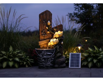 Solar Outdoor Water Fountain with LED Lights, Rustic Magnolia Flower Bucket Waterfall, Tiered Resin Garden Fountain for Patio, Porch