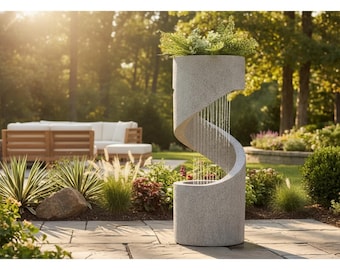 Glitzhome Outdoor Water Fountain with LED Light & Stone Planter – Modern Curved Waterfall Fountain, Faux Terrazzo Spiral Water Feature