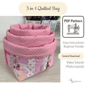 May include: A 3 in 1 quilted bag featuring a pink and white polka dot interior and a patchwork exterior with butterfly and floral patterns. The text 3 in 1 Quilted Bag, PDF Pattern, Easy Instructions, Beginner friendly, Instant Download, Video Tutorial, Photo tutorial is visible.