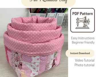 May include: A 3 in 1 quilted bag featuring a pink and white polka dot interior and a patchwork exterior with butterfly and floral patterns. The text 3 in 1 Quilted Bag, PDF Pattern, Easy Instructions, Beginner friendly, Instant Download, Video Tutorial, Photo tutorial is visible.