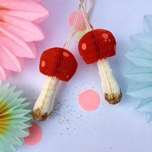 Christmas toadstool ornaments - handmade paper honeycomb decorations
