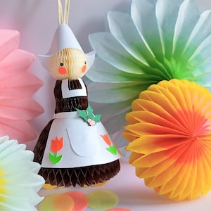Christmas honeycomb ornament - retro paper doll dutch girl tree ornament