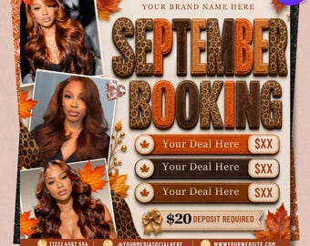 September Booking Flyer, September Books Open, Fall Booking Flyer, Wig Install Flyer, Lash Nail Braids Flyer, Editable Canva Template
