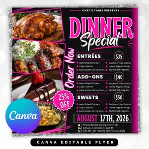 Puede incluir: Una plantilla de folleto digital titulada Chef's Table Presents Dinner Special con fondo negro y texto rosa brillante. Incluye imágenes de pollo asado, alitas con arroz, pastel de chocolate con una fresa y macarrones con queso.