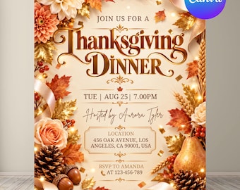 Invitación para cena de Acción de Gracias, invitación para Friendsgiving, invitación para dar las gracias, fiesta de Acción de Gracias de otoño, plantilla editable de Canva