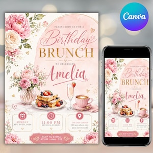 May include: A birthday brunch invitation template featuring watercolour pink peonies, a stack of waffles with berries, a glass of champagne, and a pink coffee cup. The text reads: Please join us for a Birthday Brunch to celebrate Amelia, Sunday Aug 30th, 2026, 11:00 PM, The Cafe Garden, 123 anywhere city, 1231, RSVP to Emma at 888-6666-222.