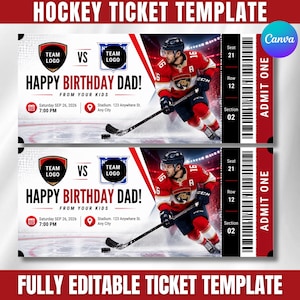 Könnte beinhalten: Eine Eishockey-Ticketvorlage mit einem Spieler im rot-weißen Trikot auf dem Eis. Der Text lautet Happy Birthday Dad! From Your Kids, Saturday Sep 26, 2026, 7:00 PM, Stadium 123 Anywhere St, Any City, Seat 21, Row 12, Section 02 und Admit One.