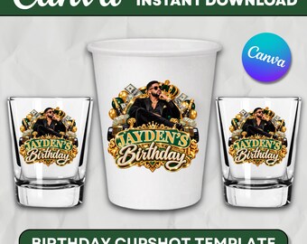 Pegatina para taza de cumpleaños "Rey", pegatina de cumpleaños estilo dólar, etiqueta para vaso de chupito de cumpleaños, decoración para fiesta de cumpleaños del zodíaco, plantilla editable de Canva