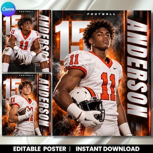 May include: A digital sports poster template featuring a football player in a white jersey with the number 11 in orange, holding a helmet. The design includes the text "ANDERSON" vertically, the number 15, and a fiery smoke background effect.