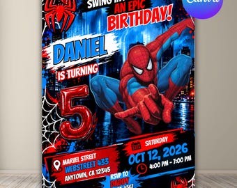 Spider-Man verjaardagskaart, uitnodiging voor een superheldenverjaardagsfeestje, verjaardagskaart voor jongens, uitnodiging voor een feestje voor elke leeftijd, bewerkbare Canva-sjabloon