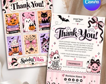 Tarjeta de agradecimiento de Halloween, plantilla de tarjeta de agradecimiento espeluznante, inserto para empaque de Halloween, tarjeta de agradecimiento para pequeñas empresas, plantilla editable de Canva