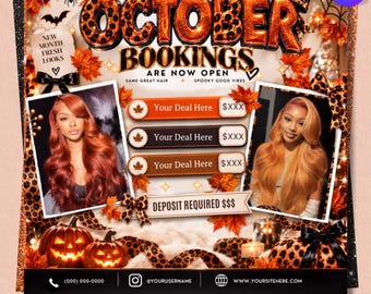 Folleto de reservas de octubre editable, plantilla de folleto de reservas de Halloween, folleto de salón de belleza de pestañas y uñas, folleto de citas de belleza, descarga instantánea.