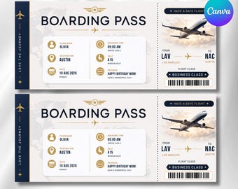 Plantilla de billete de embarque, billete de viaje, pase de avión personalizado, vale de regalo de cumpleaños, plantilla imprimible de Canva, descarga instantánea.