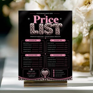 Plantilla editable de lista de precios, guía de precios de belleza, lista de precios de pestañas y uñas, menú de estilista, hoja de precios de trenzadora en Canva, descarga instantánea.