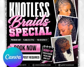 Folleto de trenzas sin nudos, folleto de reserva de trenzadoras, folleto especial de trenzado, promoción de trenzado de cabello, folleto para negocios de belleza, plantilla editable de Canva