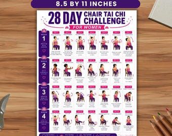 Reto de Tai Chi en Silla de 28 Días, Programa de Movimiento Suave de 4 Semanas, Entrenamiento de Equilibrio y Flexibilidad, PDF Imprimible, Plan de Ejercicio Diario