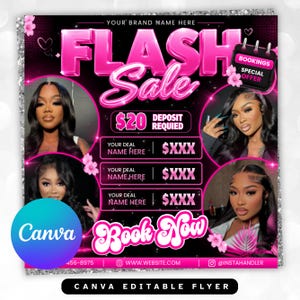 May include: A digital flyer template featuring the text FLASH SALE in large pink letters, with three circular photo frames showing individuals with styled hair. The design includes placeholders for deal names, prices, and booking information with pink floral accents.