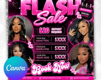 Plantilla de folleto de venta flash, folleto de venta flash de belleza, folleto de trenzas, uñas, pestañas, maquillaje y pelucas, folleto de oferta especial, folleto de reserva ahora, Canva editable
