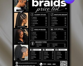 Plantilla de lista de precios de trenzas, menú de servicios de trenzado de cabello, lista de precios de salón de belleza, plantilla editable de Canva para pestañas, uñas y cabello, descarga instantánea.