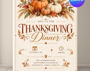 Invitación a la cena de Acción de Gracias, invitación a Friendsgiving, invitación a la fiesta de calabazas de otoño, invitación rústica de Acción de Gracias, Demos gracias