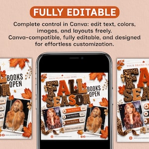Fall Booking Flyer Template, September Books Open Flyer, Hair, Lash & Nail Canva Template, DIY Text, Instant Download