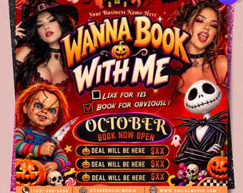 Folleto de reservas de octubre, Reservas de octubre ya abiertas, Folleto de reservas de Halloween, Folleto de negocios de belleza, Trenzas para el cabello, Pelucas, Uñas, Pestañas, Maquillaje