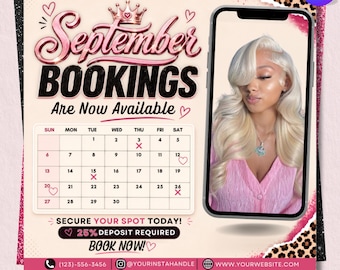 September Booking Flyer, Fall Beauty Appointment Flyer, Hair Nail Lash Makeup Flyer, September Books Open, Editable Canva Template
