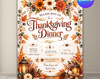 Invitación para cena de Acción de Gracias, invitación para Friendsgiving, invitación para dar las gracias, fiesta de Acción de Gracias de otoño, plantilla editable de Canva