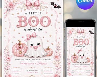 Invitación para baby shower de Halloween, Un pequeño fantasma está a punto de nacer, Invitación para baby shower de fantasma rosa, Baby shower espeluznante, Plantilla editable de Canva