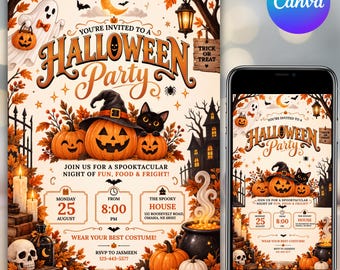 Invitación para fiesta de Halloween, invitación para fiesta de Halloween, invitación espeluznante de truco o trato con fantasmas, invitación editable en Canva, invitación imprimible para Halloween