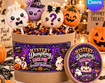 Etiqueta para cake pop de empanadilla misteriosa, etiqueta para dulces de Halloween, etiqueta lateral con purpurina para la tapa, etiqueta de panadería espeluznante, pegatina para cake pop de Halloween