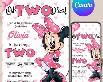 Invitación de cumpleaños editable de Minnie Mouse, invitación para fiestas de cumpleaños de cualquier edad, invitación rosa para niños, editable en Canva, descarga instantánea.