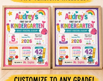 Plantilla editable para cartel del primer día de clases, cartel imprimible de regreso a clases, pizarra escolar personalizada para niño y niña, plantilla editable en Canva