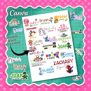 Può includere: Un foglio digitale che presenta 17 diversi design di etichette con nomi personalizzabili con vari personaggi dei cartoni animati, inclusi supereroi, animali e figure fantastiche. Il testo include nomi come Shirley, Bryan, Kimberly, Elizabeth e Zachary.