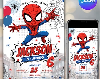 Invitación de cumpleaños editable de Spider-Man, tarjeta de fiesta infantil de Spidey, plantilla de superhéroe en Canva, descarga digital instantánea, invitación de fiesta imprimible.
