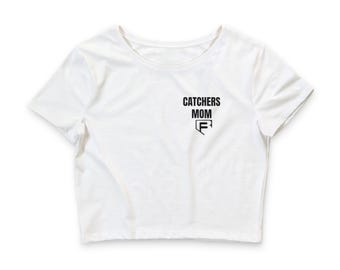 Blocked Baseball Catcher Mom Crop Tee — White