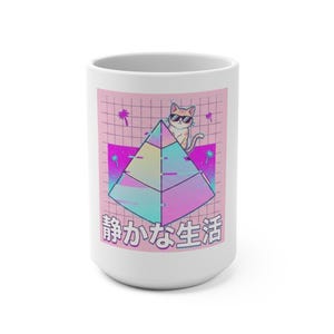 Japanse Vaporwave koffiemok met kat, mok met rustige levensstijl-uitstraling, retro piramidevormige synthwave-beker, schattig kattencadeau voor anime-liefhebbers