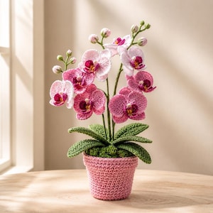 以下が含まれることがあります： 濃いマゼンタ色の中心部を持つピンクと白の花、緑の葉、小さな蕾が特徴のクロッシェ編みの蘭の鉢植え。植物は、複雑な糸の編み目が施された質感のある淡いピンク色のクロッシェ編みの鉢に入っています。