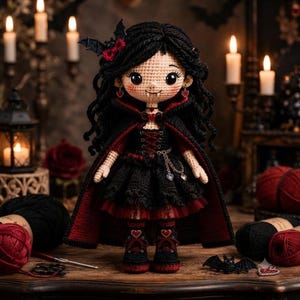 May include: A handcrafted crochet doll featuring long black hair, a black cape with a red lining, and a black dress with red accents. The doll has large dark eyes, small fangs, heart-shaped earrings, and wears black boots with heart details.