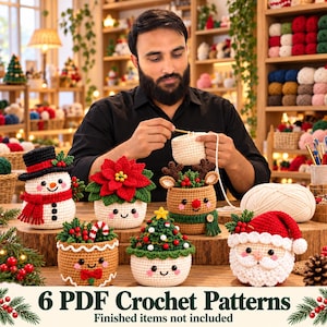May include: Six crochet patterns for holiday-themed amigurumi figures including a snowman, a poinsettia, a reindeer, a gingerbread person, a Christmas tree, and Santa Claus. The text at the bottom reads 6 PDF Crochet Patterns Finished items not included.