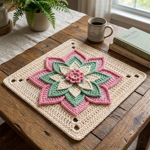 Puede incluir: Una pieza cuadrada de ganchillo con un diseño floral tridimensional en capas en tonos crema, verde salvia y rosa empolvado. El centro es una pequeña flor rosa, rodeada de pétalos alternos de color crema y verde, sobre una base cuadrada de color crema con detalles calados en las esquinas.