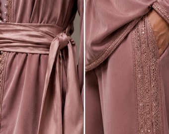 Luxury Dusty Rose Velvet Moroccan Caftan | Handmade Kaftan Dress with Pearl Trim | Elegant Moroccan Takchita | Wedding, Eid & Evening Wear