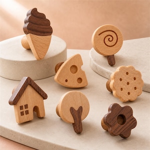 Cute Natural Wood Drawer Knobs, Beech Walnut Nursery Cabinet Pulls, Ice Cream Cookie House Tree Kids Dresser Handles