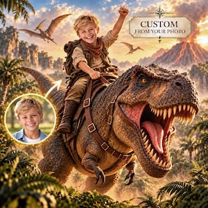 Anpassat T-Rex-porträtt från foto, personlig dinosauriepresent till barn, äventyrskonst för barn som rider på T-Rex