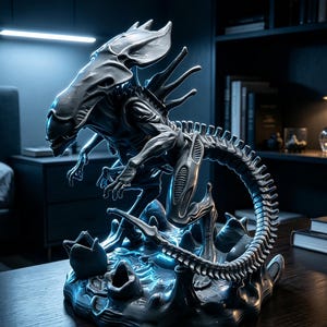 May include: A detailed dark grey figurine of a creature with an elongated head, multiple dorsal spines, and a long segmented tail. The creature is posed in a crouched position atop a base featuring several small, open, egg-like structures.