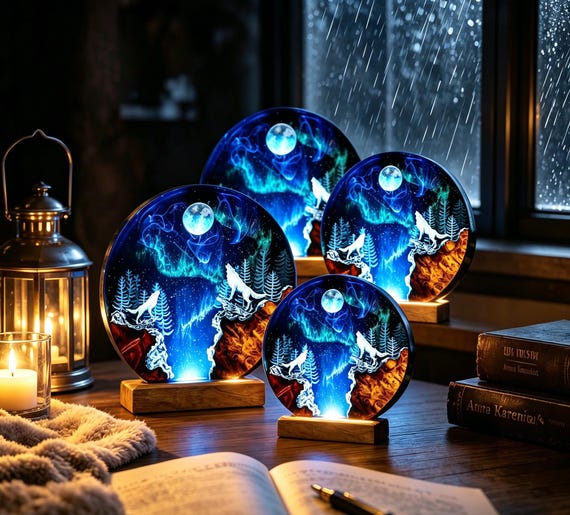 A hand-cast epoxy resin lamp trapping a miniature wolf-in-moonlit-forest diorama inside — glows like a scene from a fairytale.