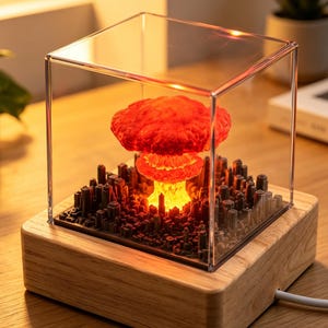 May include: A square clear acrylic display case containing a miniature dark grey city model with a glowing orange and red mushroom cloud sculpture rising from the centre, all mounted on a light-coloured wooden base with a power cord attached.