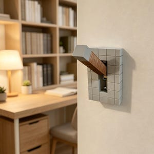 Può includere: Una placca per interruttore della luce da parete grigio chiaro con motivo a griglia e una leva in legno sporgente con punta grigia. La placca rettangolare è montata su una parete piana ed è progettata per azionare un interruttore a levetta.