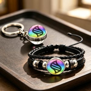 May include: A keyring and a bracelet featuring a circular glass cabochon with a rainbow gradient background and a black stylised DNA-like helix symbol. The bracelet has a black braided leather band with silver-toned metal beads and a sliding knot.